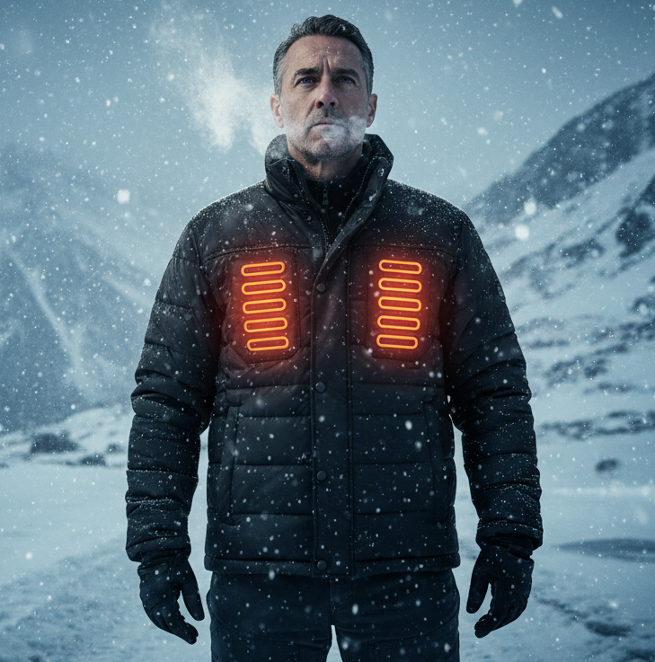 Create an ultra-realistic photo of an adult man wearing this heated jacket. The man should be in a cold environment, such as a snowy mountain, a winter street, or a frozen trail, with snow falling or visible ice around him. Keep the same design as the reference image and show the glowing heating zones clearly but realistically through the fabric, especially on the chest, neck, and back. Use cinematic lighting, sharp fabric texture, visible cold atmosphere (like breath vapor or frosty air), realistic colors